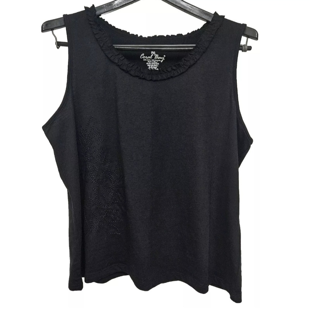 Coral Bay Ruffle Neck Sleeveless Top Black Petite XL Fern Design Stitch NWT
